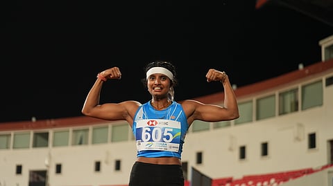 Ancy Sojan celebrates after her national record performance