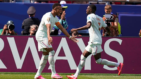 France's Ousmane Dembele (7), right, celebrates with France's Kylian Mbappe (10) after scoring his side's third goal during the World Cup Group I soccer match between Norway and France in Foxborough, Mass., near Boston, Friday, June 26, 2026.
