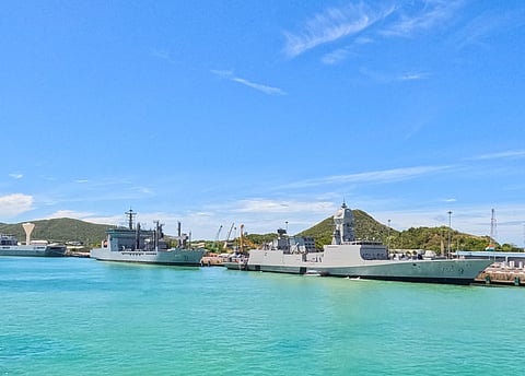 Indian Naval Ships INS Udaygiri, INS Kavaratti and INS Shakti berthed at Sattahip naval base, Thailand, during their operational deployment.
