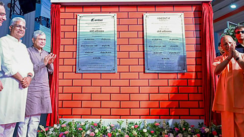 Jewar: Uttar Pradesh Chief Minister Yogi Adityanath with Union Minister for Electronics and Information Technology Ashwini Vaishnaw, Union Minister for Environment, Forest and Climate Change Bhupender Yadav during the foundation stone-laying ceremony of the Amber & Ascent-K electronics manufacturing plant in Jewar, Gautam Buddha Nagar district of Uttar Pradesh, on Saturday, June 27, 2026.
