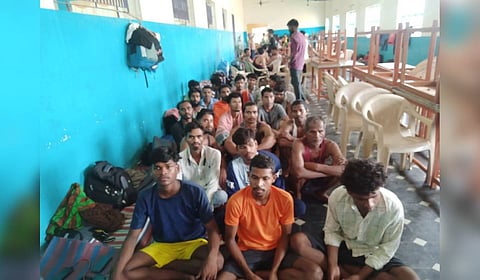 Workers from Jharkhand and Assam at a temporary relief camp.
