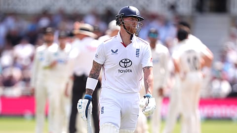 England's Ben Stokes walks off the field after being bowled out by New Zealand's Zak Foulkes during day three of the third Test cricket match between England and New Zealand in Nottingham, England, Saturday, June 27, 2026.