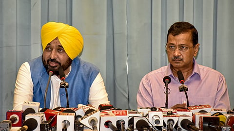 AAP National Convenor Arvind Kejriwal and Punjab Chief Minister Bhagwant Mann during a press conference, in Amritsar, Sunday, June 28, 2026. Bhagwant Mann on Sunday said all Sikh MLAs and Sikh cabinet ministers will appear before the Akal Takht on June 29 in Amritsar, regarding the anti-sacrilege law.