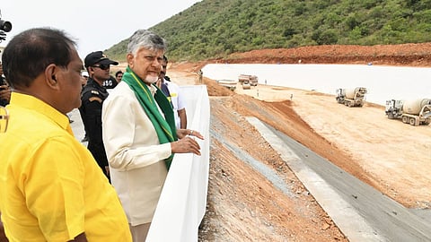 CM Nara Chandrababu Naidu inspects Veligonda feeder canal at Gantavaanipalle on Saturday.