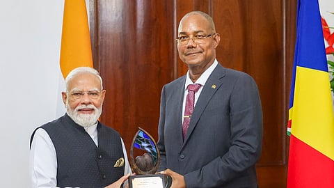 In this image received on June 28, 2026, Prime Minister Narendra Modi receives the 'Guardian of the Blue Horizon' from Seychelles President Patrick Herminie, in Seychelles.