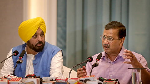 AAP National Convenor Arvind Kejriwal and Punjab Chief Minister Bhagwant Mann during a press conference, in Amritsar, Sunday, June 28, 2026. Bhagwant Mann on Sunday said all Sikh MLAs and Sikh cabinet ministers will appear before the Akal Takht on June 29 in Amritsar, regarding the anti-sacrilege law.
