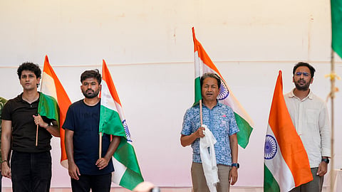 Activist Sonam Wangchuk and Cockroach Janta Party (CJP) founder Abhijeet Dipke, CJP spokesperson Saurav Das during a protest demanding the resignation of Union Education Minister Dharmendra Pradhan in the wake of the alleged NEET paper leak, at Jantar Mantar in New Delhi, Sunday, June 28, 2026.