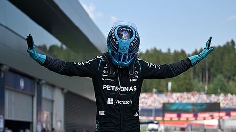 Mercedes driver George Russell of Britain celebrates after winning the Austrian F1 Grand Prix in Spielberg, Austria, on Sunday, June 28, 2026.