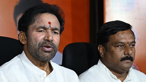 Union Minister G Kishan Reddy speaks during a press meet at the party office in Hyderabad.