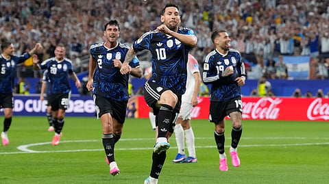Argentina's Lionel Messi (10) celebrates scoring his side's 3rd goal during the World Cup Group J soccer match between Jordan and Argentina in Arlington, Texas, near Dallas, Saturday, June 27, 2026.