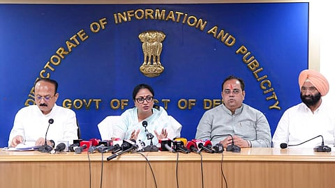 Delhi Chief Minister Rekha Gupta, second left, along with state minister Manjinder Singh Sirsa, right, state Transport Minister Pankaj Kumar Singh, second right, and Education Minister Ashish Sood during a press conference regarding Electric Vehicle (EV) policy which has been approved by the cabinet.