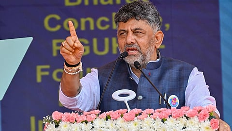 CM DK Shivakumar speaking at the Nasha Mukt Bharat Conclave at Kanteerava Stadium.