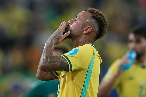 Brazil's Neymar (10) celebrates after the World Cup Group C soccer match against Scotland in Miami Gardens, Fla., Wednesday, June 24, 2026.