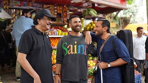 (from left) Priyadarshan, Akshay Kumar and Saif Ali Khan on sets of Haiwaan
