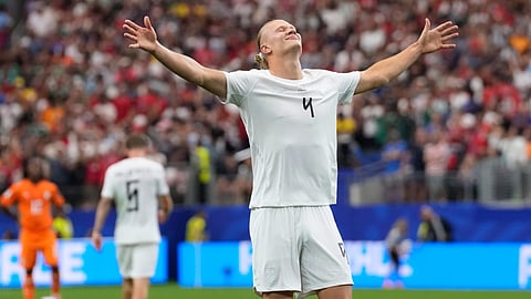 Norway's Erling Haaland (9) celebrates after scoring his side's second goal during the World Cup round of 32 soccer match between Ivory Coast and Norway in Arlington, Texas, near Dallas, Tuesday, June 30, 2026.