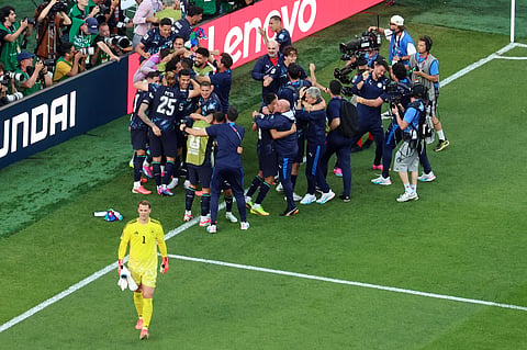 Germany goalkeeper Manuel Neuer (1) reacts as Paraguay players celebrate after a penalty shootout at the end of the World Cup round of 32 soccer match between Germany and Paraguay in Foxborough, Mass., near Boston, Monday, June 29, 2026.
