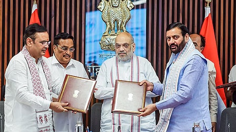 Union Minister Amit Shah witnesses the exchange of MoUs between Rajasthan Chief Minister Bhajanlal Sharma and Haryana Chief Minister Nayab Saini on Monday