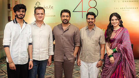 From L to R: Sai Abhyankkar, producer Vijay Kiragandur, Suriya, director TJ Gnanavel, and Kayadu Lohar