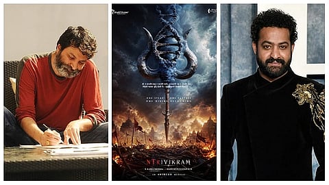 From L to R: Trivikram Srinivas, the announcement poster for the upcoming film, and Jr NTR