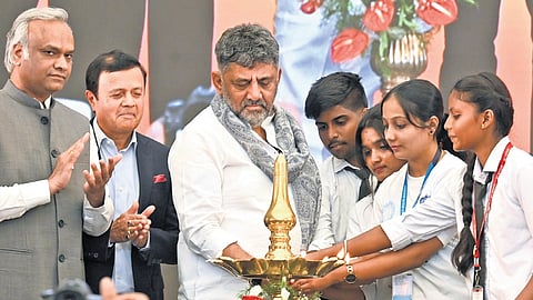 Chief Minister DK Shivakumar with Home Minister Priyank Kharge and others at the International Day Against Drug Abuse event organised by the police department at Sree Kanteerava Stadium in Bengaluru on Tuesday.