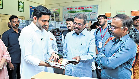 Union Minister for Education Dharmendra Pradhan and HRD Minister Nara Lokesh at the PM SHRI AP Model School in Bhogapuram on Tuesday.