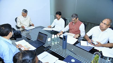 Chief Minister Nara Chandrababu Naidu holds a review meeting with the Mines Department officials at the AP Secretariat on Tuesday.