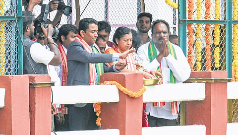 NTR Collector G Lakshmisha along with TDP president Gadde Anuradha releases water to the Krishna Eastern Delta Canals near Prakasam Barrage.