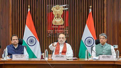Union Home and Cooperation Minister Amit Shah addresses the launch of FCRA 2.0 Portal and e-OCI Card. Home Secretary Govind Mohan and Intelligence Bureau chief Mahesh Dixit are also seen