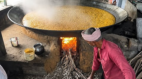 A farmer engaged in making Marayur Jaggery at a unit in Kanthalloo.