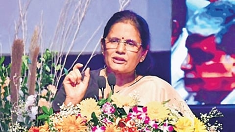 Deputy chief minister Pravati Parida addressing a national sysposium at Mission Shakti Bhavan
