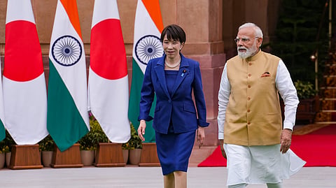 Prime Minister Narendra Modi receives Japanese Prime Minister Sanae Takaichi at Hyderabad House ahead of bilateral talks, in New Delhi, Thursday, July 2, 2026.