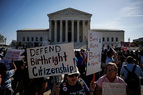 Protestors gather in support of birthright citizenship in front of the U.S. Supreme Court in Washington, DC