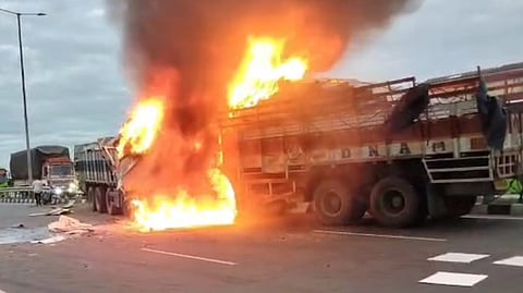 Three charred to death after two trucks collide on national highway near AP's Boyapalem.