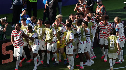 Malik Tillman #17 of the United States celebrates with team mates after scoring his team's second goal during the FIFA World Cup 2026 Round of 32 match between USA and Bosnia and Herzegovina at San Francisco Bay Area Stadium on July 01, 2026 in Santa Clara, California.