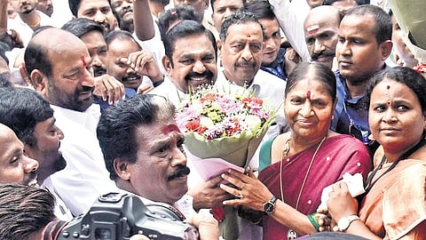 AIADMK general secretary Edappadi K Palaniswami ahead of the women’s wing meeting at the party headquarters in Chennai on Wednesday.