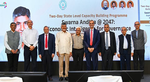 Chief Minister Nara Chandrababu Naidu at a workshop on ‘Swarna Andhra-2047’ in Tirupati on Thursday