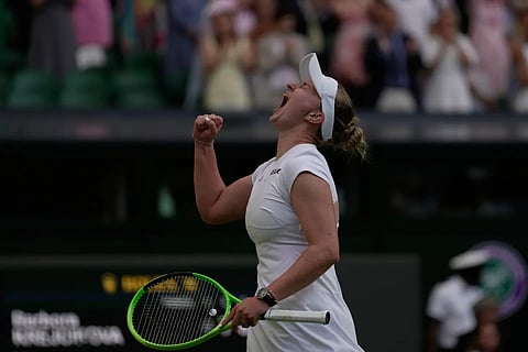 Barbora Krejcikova of Czech Republic celebrates her victory against Mirra Andreeva of Russia in their second round women's siingles match at the Wimbledon Tennis Championships in London, Wednesday, July 1, 2026.