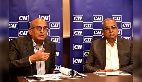 CII southern region chairman P Ravichandran and Tamil Nadu Chairman C Devarajan interacts with press in Coimbatore on Thursday.