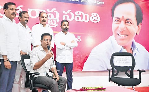 BRS working president KT Rama Rao waits for Tourism Minister Jupally Krishna Rao for an open debate at Telangana Bhavan in Hyderabad on Thursday