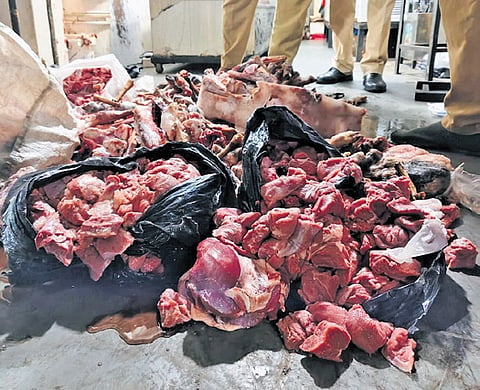 The adulterated meat seized from the Oman Meat Shop near Badi Masjid in Mallepally on Wednesday