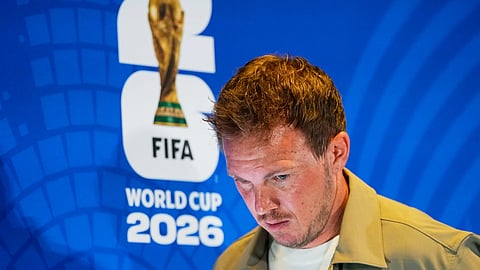 Germany head coach Julian Nagelsmann leaves a press conference ahead of the World Cup round of 32 soccer match between Germany and Paraguay in Foxborough, Mass., near Boston, Sunday, June 28, 2026.