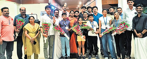 The Kerala ice skating team that won medals at the 21st National Ice Skating Championship, held from June 25 to 30 at Dehradun, at Kochi airport