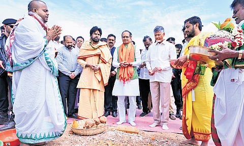 Union Minister for Rural Development Shivraj Singh Chouhan launches the VB-GRAM G scheme from Mukkavaripalli village in Railway Koduru constituency on Thursday