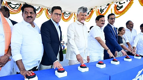 CM Naidu during the inauguration of works of steel plant at Sunnapurallapalle in Jammalamadugu constituency of Kadapa district on Friday where Managing director of JSW Steel Sajjan Jindal also present.