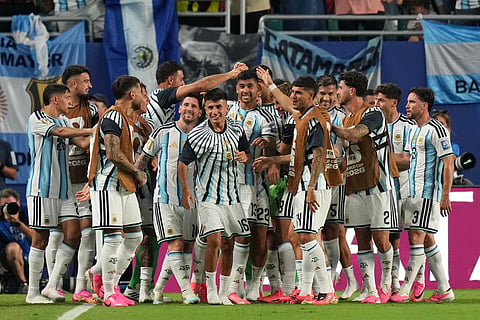 Argentina players celebrate the third goal against Cape Verde