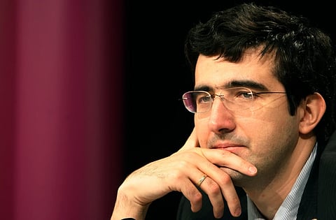 Russia’s Vladimir Kramnik meets the media during a news conference after the 10th game of the Chess World Championship in the Art and Exhibition Hall of the Federal Republic of Germany in Bonn, western Germany, Oct. 27, 2008.