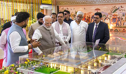 Prime Minister Narendra Modi, Rajasthan Governor Haribhau Bagde, Union Civil Aviation Minister K Rammohan Naidu, Union Culture and Tourism Minister Gajendra Singh Shekhawat, Chief Minister Bhajanlal Sharma and others during the inauguration of the new terminal building of Jodhpur Airport, in Rajasthan.