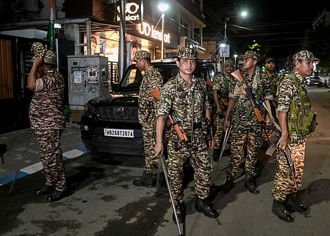 Security personnel stand guard outside the Trinamool Bhavan, in Kolkata, West Bengal, Friday, July 3, 2026. The battle for control of the TMC escalated dramatically on Friday when the rebel faction led by Leader of the Opposition Ritabrata Banerjee took charge of the party's Metropolitan headquarters in Kolkata, changed the locks, put up fresh posters and declared it would henceforth operate from the premises.