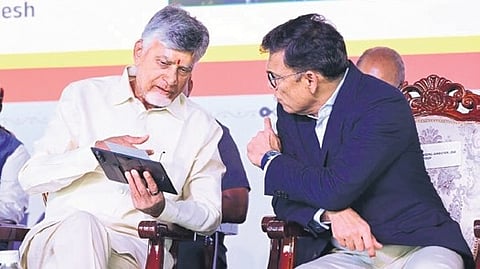 CM Nara Chandrababu Naidu with JSW Group CMD Sajjan Jindal at the launch of steel plant works in Kadapa.