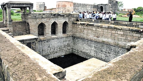 District Collector Rajarshi Shah and officials inspect restoration works at the Utnoor Fort on Friday